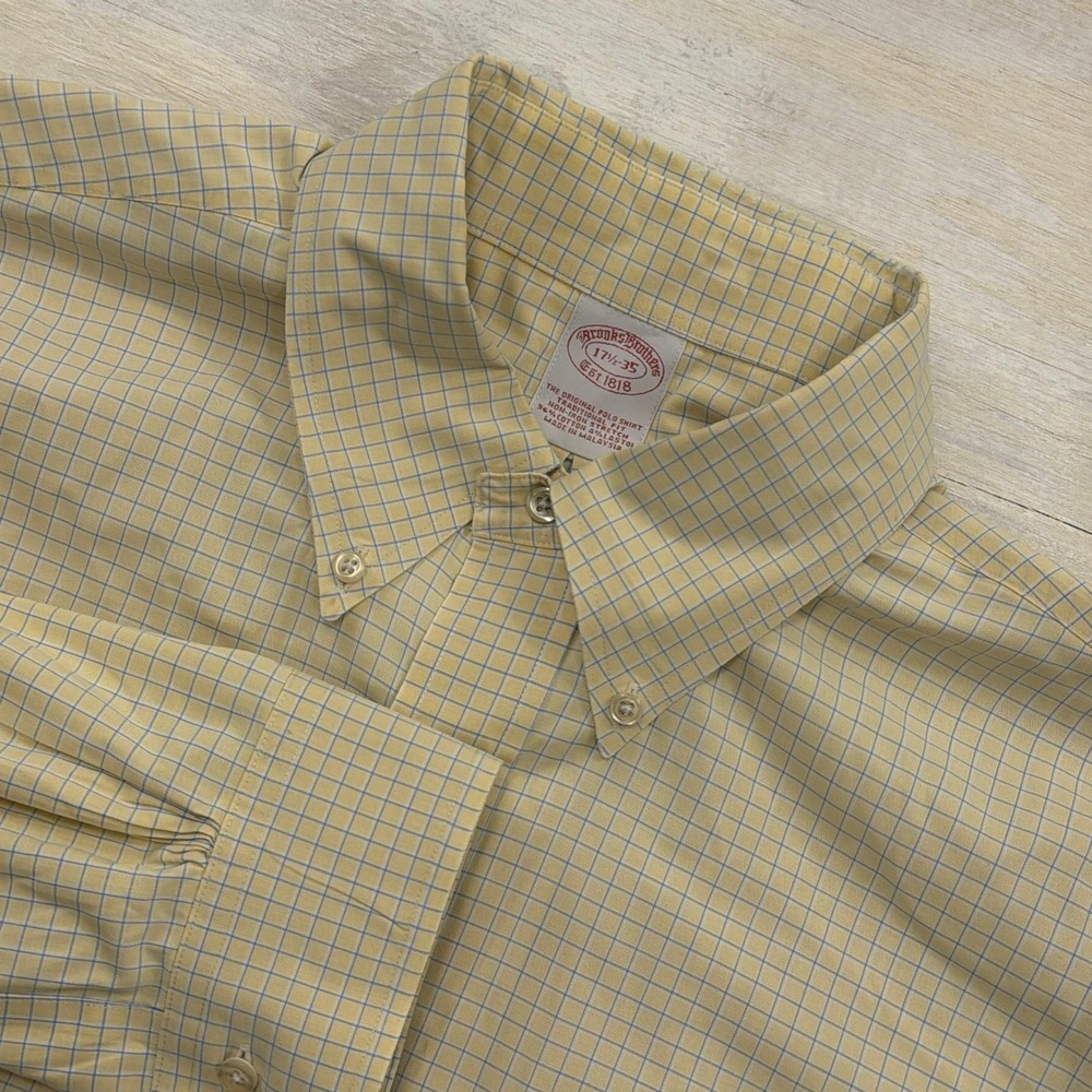 Brooks Brothers Dress Shirt Traditional Fit Non-Iron Graph Check Yellow 17.5